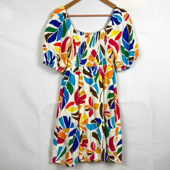 Tabitha Brown Linen Blend Botanical Puff Sleeve Mini Dress Sz M Milkmaid Smocked - Picture 1 of 8